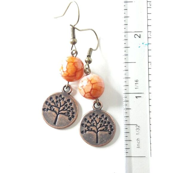 artisan earrings 208#mfs Crackle Agate Tree of life earrings Red White Orange - Picture 2 of 3